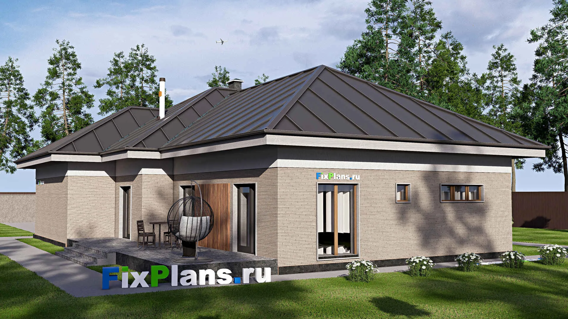 F-20402 - Проект одноэтажного дома 16 на 22, площадью 270 м² с террасой, гаражом на 1 машину и 3 спальнями