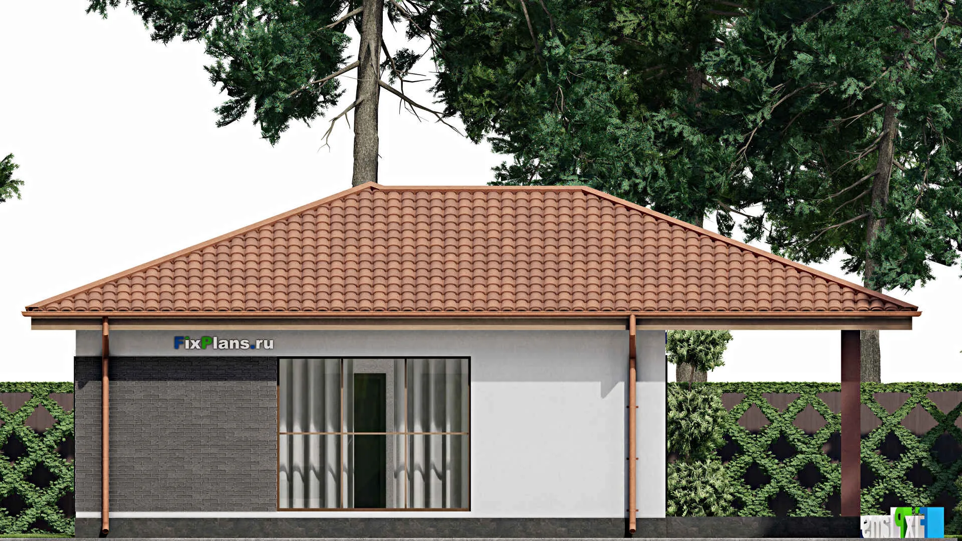 F-10646 - Проект одноэтажного дома 13 на 13, площадью 120 м² с террасой и 3 спальнями