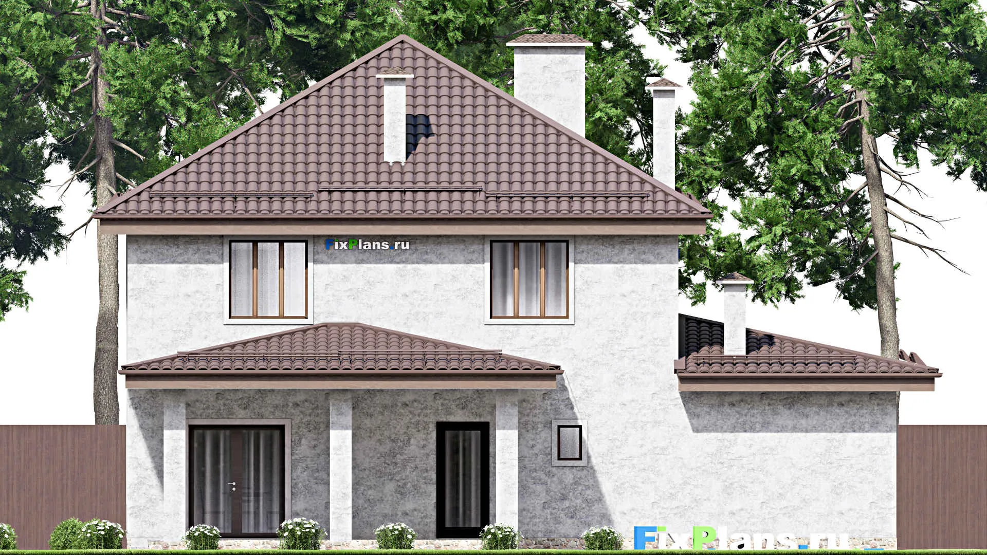 F-13436 - Планы двухэтажного дома 14 на 15, площадью 210 м² с террасой, баней, гаражом на 1 машину и 3 спальнями