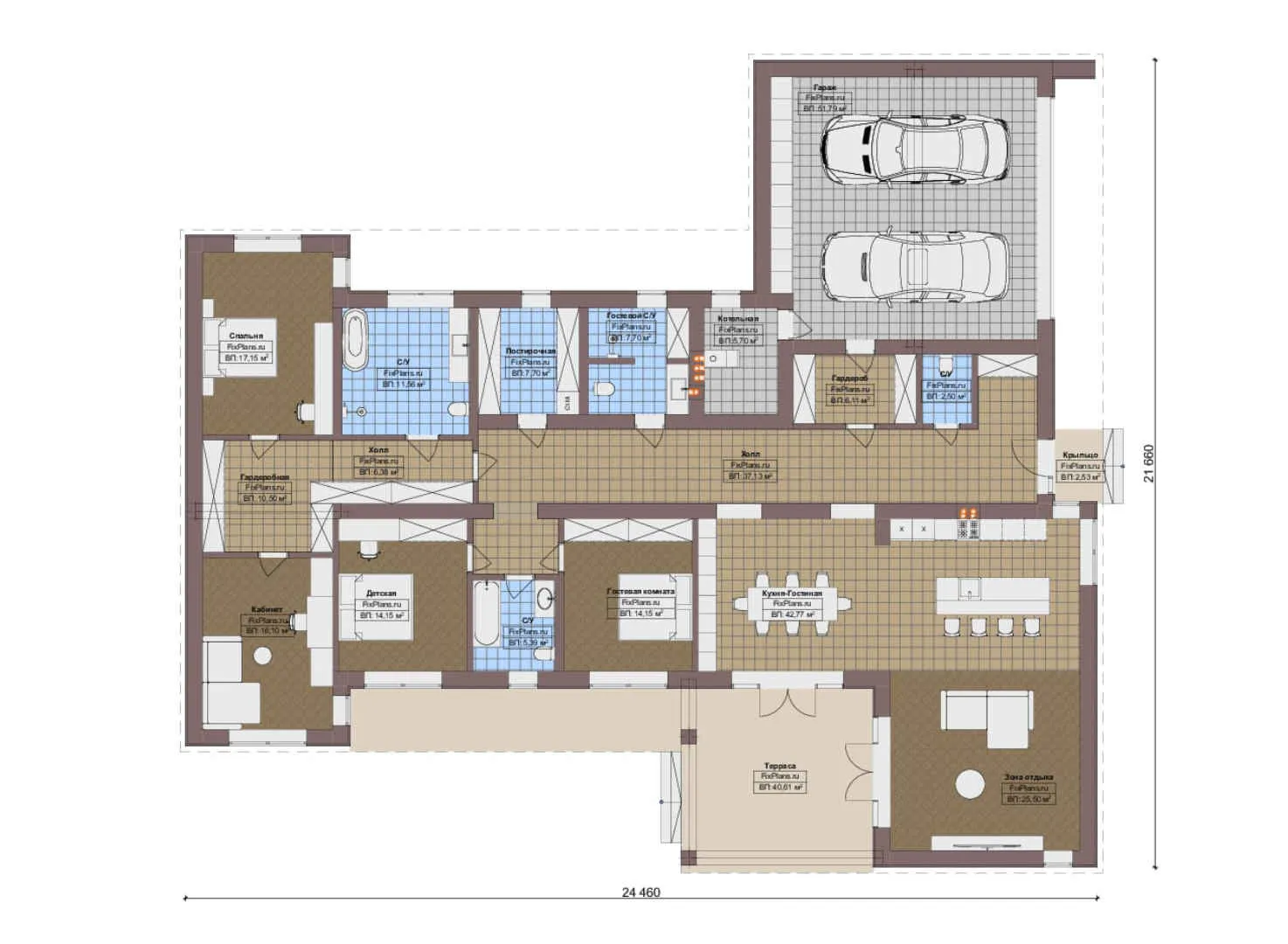 F-19817 - План одноэтажного дома 22 на 25, площадью 330 м² с террасой, гаражом на 2 машины и 1 спальнями